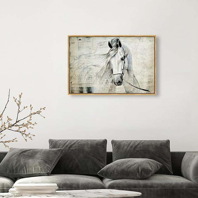 Country Farmhouse Canvas Print Painting Animal Wall Art 'Southern White Horse' Gold Framed Canvas Rustic Home Décor 36x24 in Gray, Brown by Oliver Gal