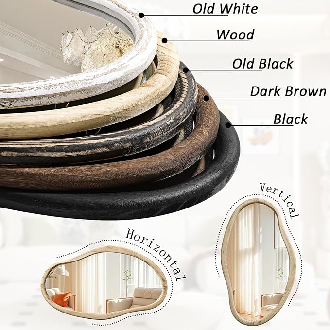 JJUUYOU Irregular Mirrors for Wall Asymmetrical Bathroom Mirror 30"x18" Wall Mounted Mirrors Horizontal or Vertical Hanging Wall Mirrors for Makeup Bathroom Bedroom Living Room Wood