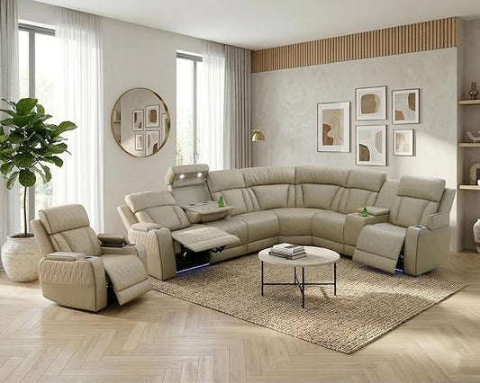 Air Leather Recliner Sectional Sofa Set, Power Reclining Sectional Couch for Living Room, L Shaped Recliner Corner Couch and Single Chair with LED Lighting, USB Port&Storage (Beige)