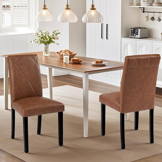 VECELO Upholstered Dining Chairs Set of 4, Modern PU Leather and Solid Wood Legs & High Back for Kitchen/Living Room- Brown