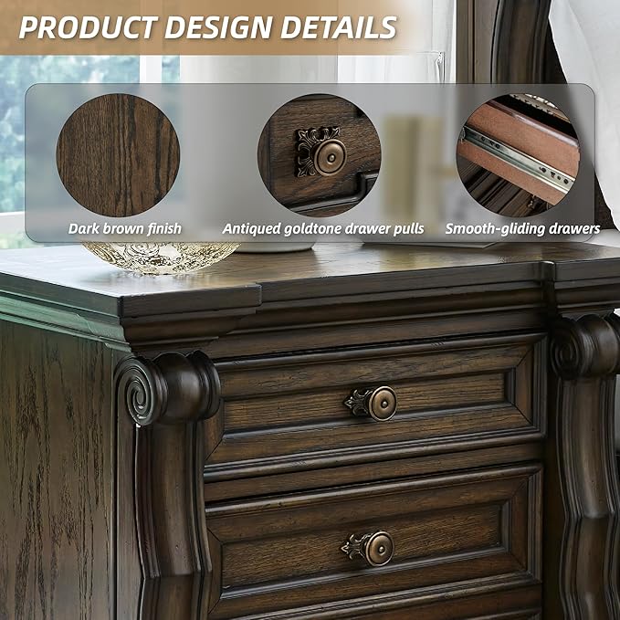 Signature Design by Ashley Maylee Classic 2 Drawer Nightstand with Pull-Out Tray, Power Supply and USB Ports, 29.5" Tall, Dark Brown