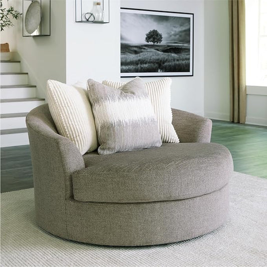 Signature Design by Ashley Creswell Transitional Round Upholstered Oversized Swivel Accent Chair, Gray