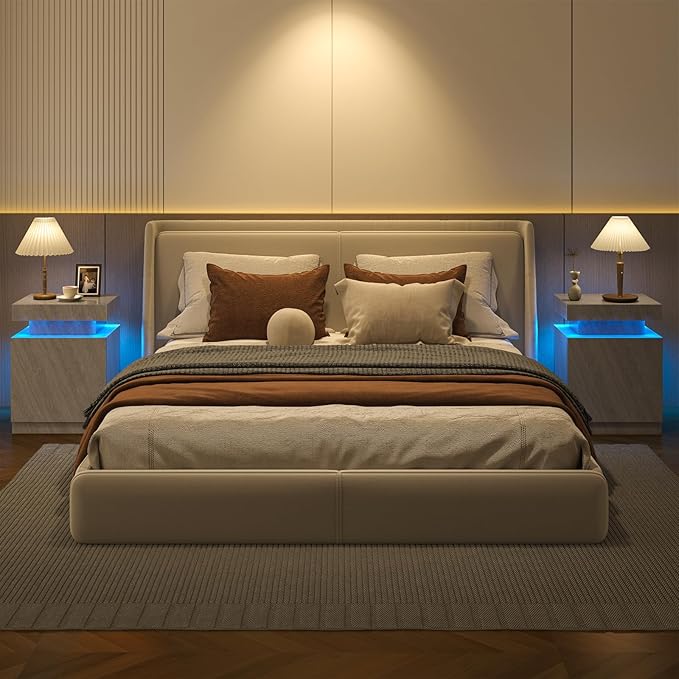 Nightstands Set 2, 17 Inches Modern Bedside Table with LED Lights, LED Night Stand Set of 2, High Gloss Surface, End Table with Storage for Bedroom, Grey