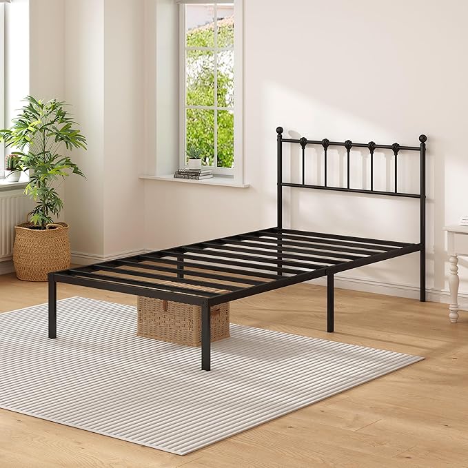 Twin Size Bed Frame with Modern Headboard, Metal Platform Bed Base with Strong Support, No Box Spring Needed, Easy Assembly, Noise Free，Black