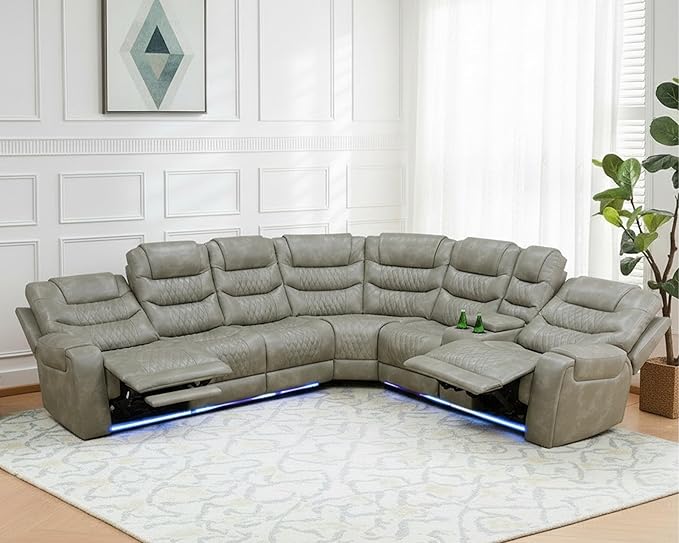 Power Recliner Sectional Sofa with LED, Breathing Leather Reclining Sectional Couch, L Shaped Couch with Dual Recliners, USB Port, Cup Holder&Storage for Living Room (Dark Gray, Sectional)