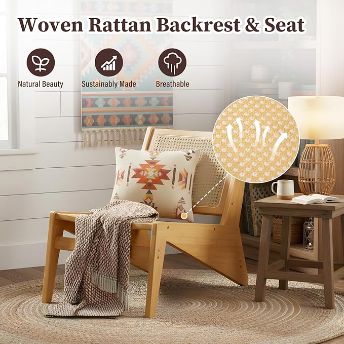 Rattan Chair 2Pcs, Mid Century Modern Accent Chair, Leisurely Reading Chair for Living Room（Wood）