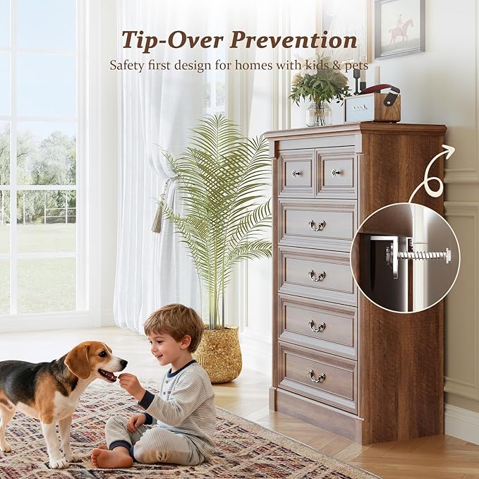 Concho Farmhouse 6 Drawers Dresser for Bedroom, Tall Wood Chest of Drawers with Spacious Storage Space, Rustic Storage Dressers Organize, TV Stand for Living Room, Bedroom, Rustic Brown