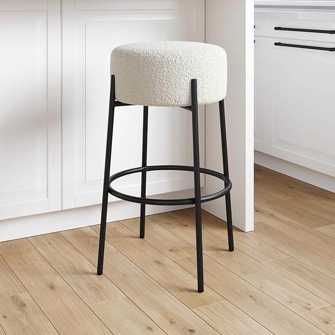 Nathan James Isaac 29" Modern Backless Bar Stool with Round Soft Padded Boucle Seat and Metal Mid-Century Base, Boucle White/Black