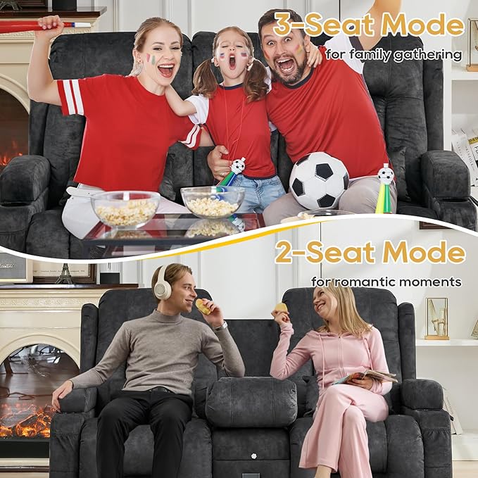IPKIG Power Recliner Sofa with Flip-Up Backrest Console, USB & USB-C Ports, AC Outlet, LED Lights, Wall Hugger Recliners for Living Room, RV (Drak Grey, 67" - 3 Seat) | Velvet Fabric, Zero Gravity, Dual Reclining, 2 Lumabr Pillow, Bluetooth Speakers
