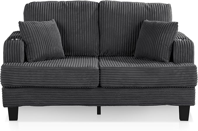 Homes: Inside + Out Reese Modern Plush Chenille Comfortable Loveseat with Side Pockets, Cup Holders and Pillows, Wooden Soft Couch for Living Room, Bedroom and Office, Dark Grey