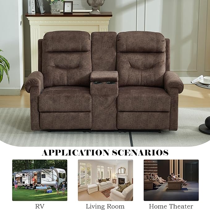 DRMBOOK RV Loveseat Recliner Sofa with Console, Velvet Fabric Double Wall Hugger Reclining Couch Manual Home Movie Seating 2 Person Recliner Chair with Cup Holders/Storage/Pocket/Lumbar Pillow, Brown