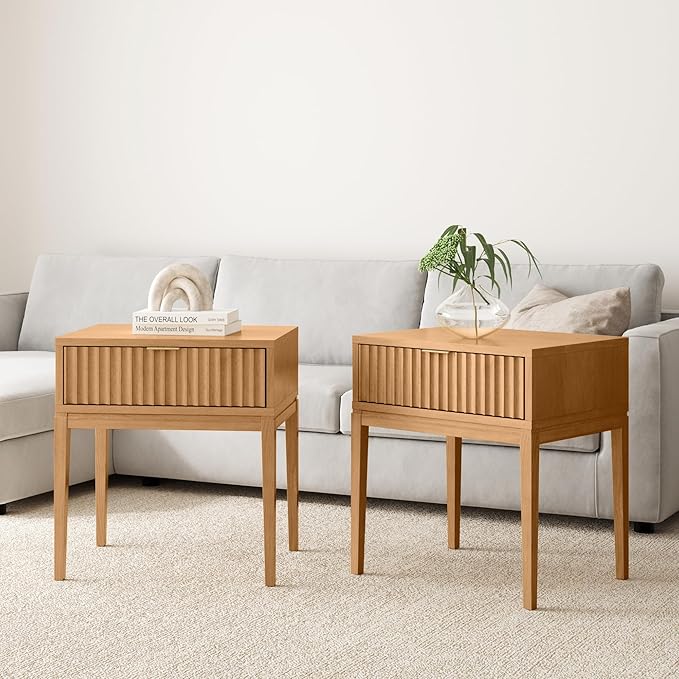 Nathan James Jasper Mid-Century Modern Nightstand, Side Table with Storage and Fluted Drawer Doors with Brass Handles, Natural Brown, Set of 2