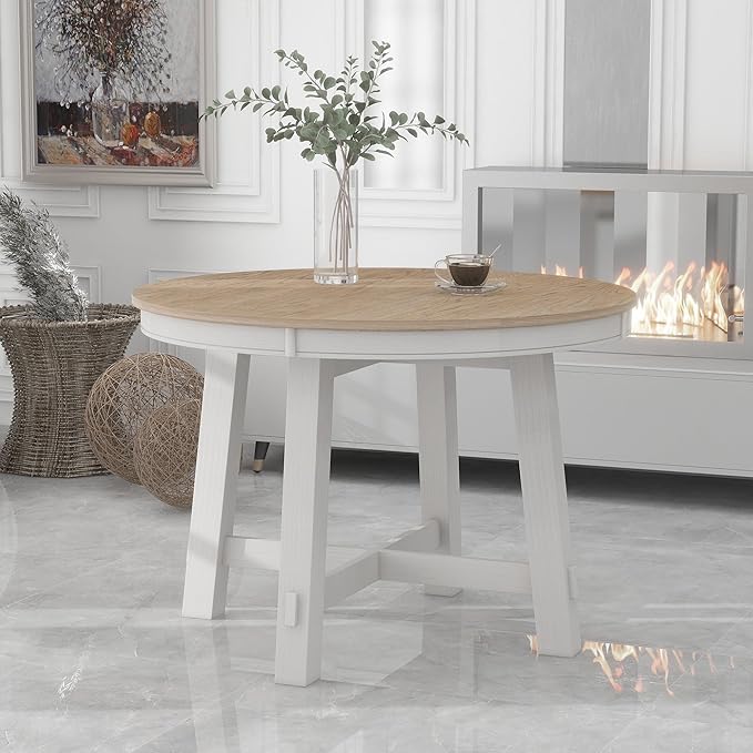 Ball & Cast Farmhouse Extendable Dining Table for 4-6, 42"-58" Extendable Kitchen-Table with a 16" Leaf, Round Ellipse Retro Wood Dining Room-Table w/Removable Leaves,Space Saving, Oak+Off White