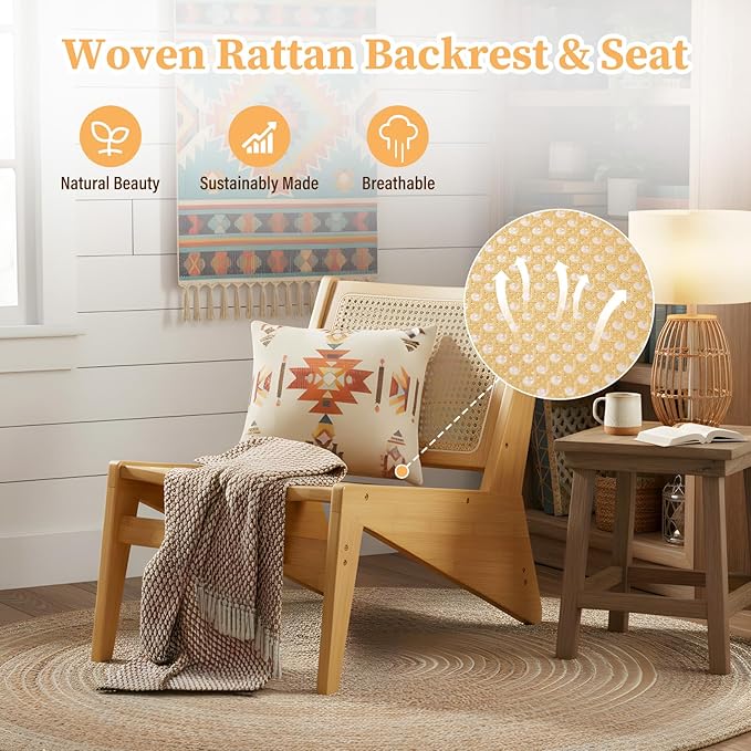 Rattan Accent Chair for Living Room, Mid Century Side Chair, Comfy Bamboo Chairs for Bedroom Reading Room, Wood
