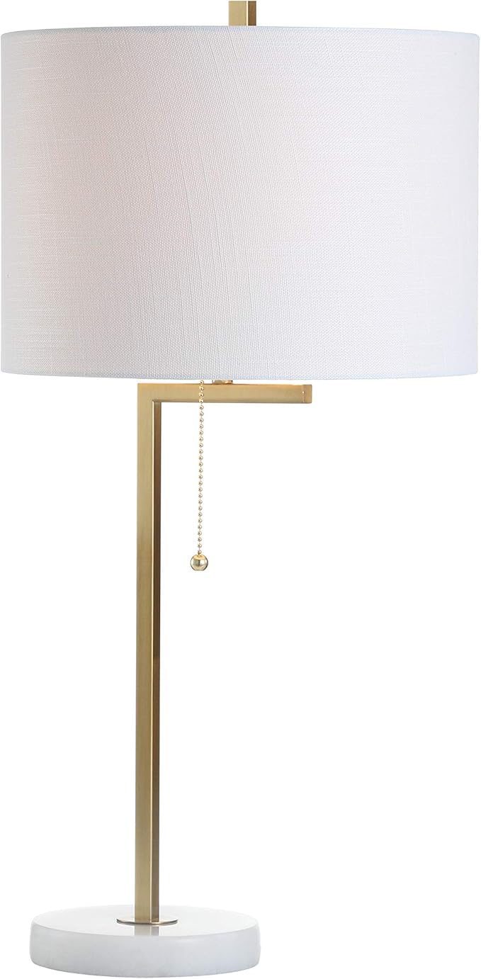 JONATHAN Y 24.5" Brass Gold/White Marble Modern Table Lamp for Bedroom, Linear Desk Lamp for Living Room Office, White Linen Drum Shade, Pull Chain, LED Bulb Included JYL1043A