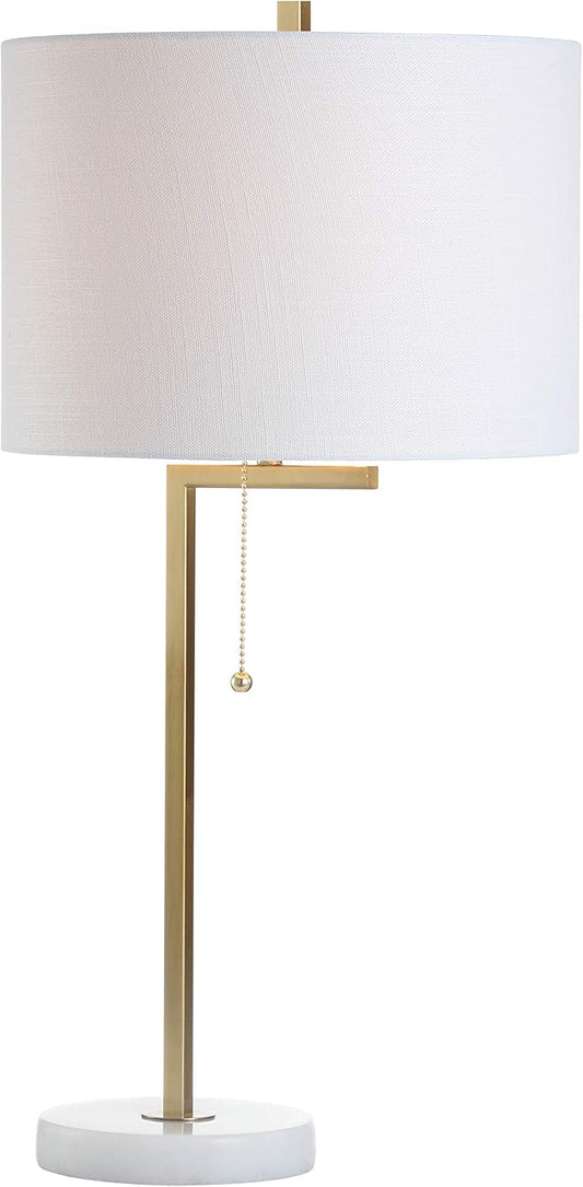 JONATHAN Y 24.5" Brass Gold/White Marble Modern Table Lamp for Bedroom, Linear Desk Lamp for Living Room Office, White Linen Drum Shade, Pull Chain, LED Bulb Included JYL1043A
