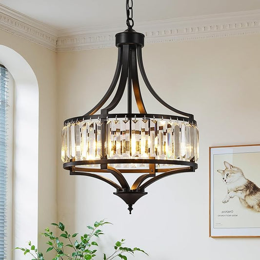 16" Modern Black Crystal Chandelier, 4-Light Farmhouse Dining Room Light Fixtures Over Table Hanging, Antique Round Pendant Lights Kitchen Island Entryway Bedroom Office Stairwell Hallway