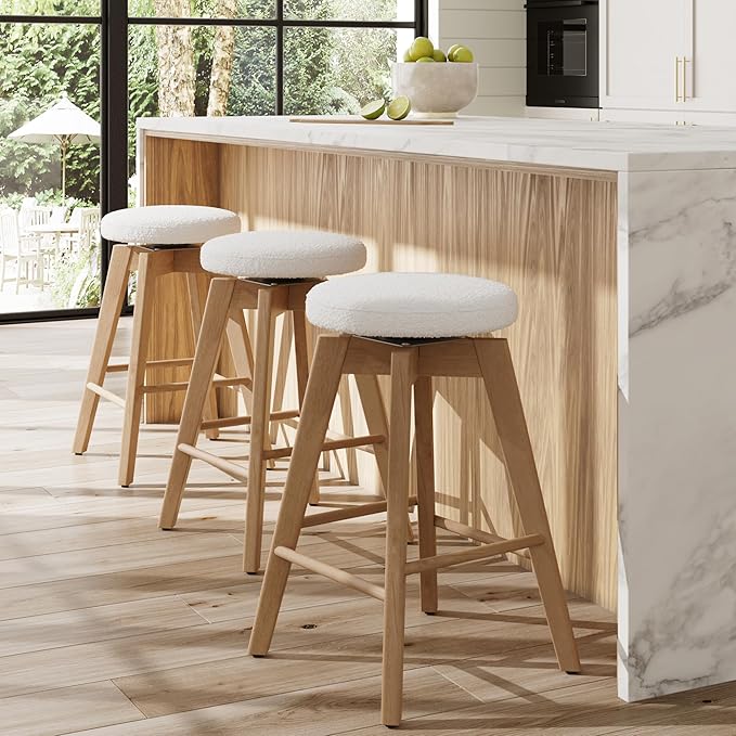 Nathan James Amalia Bohemian Swivel Bar Stool, Backless Counter Height Boucle Counter Stool with Solid Wood Legs and Upholstered Seat, White Oak Set of 3