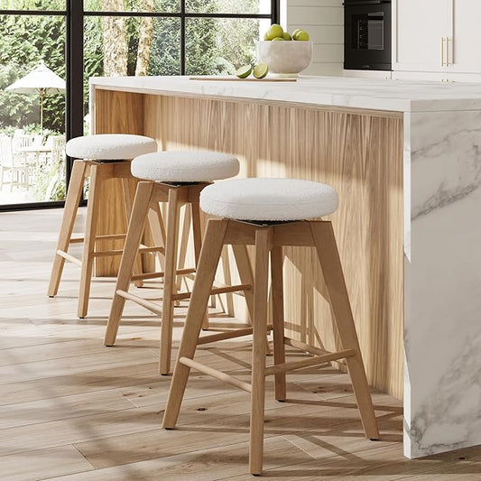 Nathan James Amalia Bohemian Swivel Bar Stool, Backless Counter Height Boucle Counter Stool with Solid Wood Legs and Upholstered Seat, White Oak Set of 3