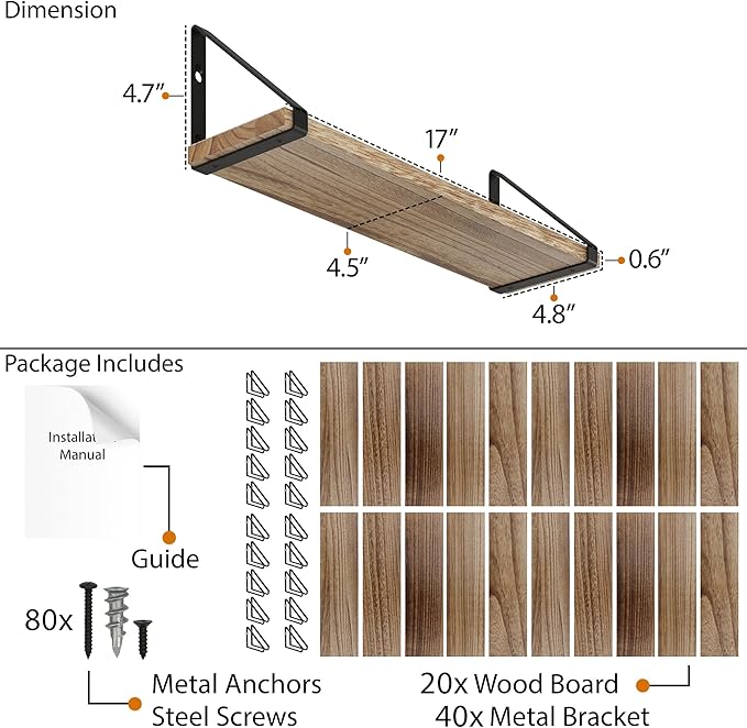 Wallniture Ponza 17'' x 4.5'' Floating Wall Shelf Bathroom, Small Wood Book Shelves for Wall Storage, Wall Mounted Shelf, Dining Room, Bedroom, Living Room, Office & Kitchen Organization, Burnt, 20pcs