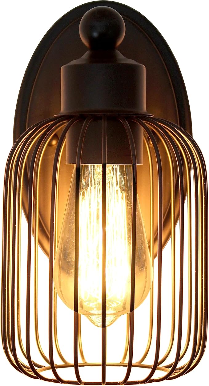 Elegant Designs SC1001-BLK 10.5" Industrial Farmhouse Metal Birdcage Wall Sconce with Matching Metal Oval Backplate Wall Mounted, Black