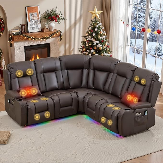 IPKIG Power Recliner Sofa with Flip-Up Backrest Console, USB & USB-C Ports, AC Outlet, LED Lights, Wall Hugger Recliners for Living Room, RV (Brown, 77.53" - 5 Seat) | Faux Leather, Zero Gravity, Dual Reclining, 2 Lumabr Pillow