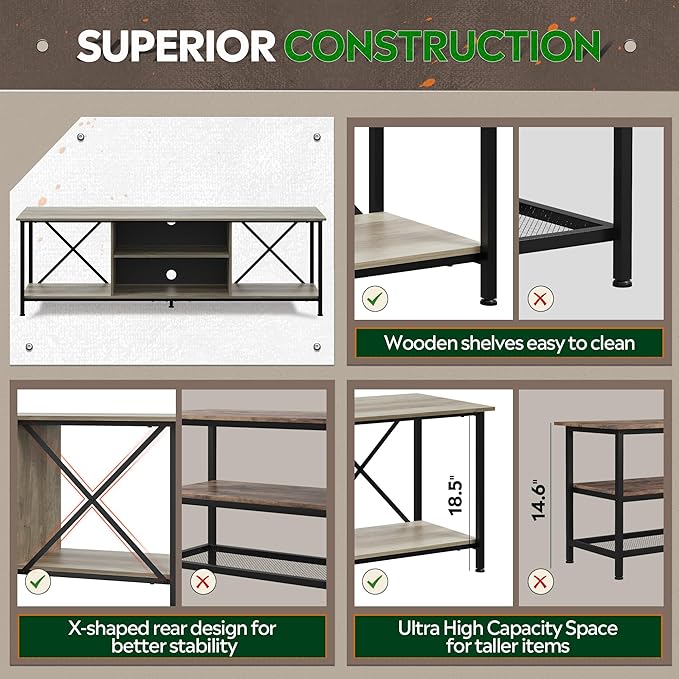 WLIVE Industrial TV Stand for Up to 70 inch TV, Heavy-Duty Metal Frame Entertainment Center with Adjustable Shelves & Cable Management, Large Media Console for Living Room, Greige