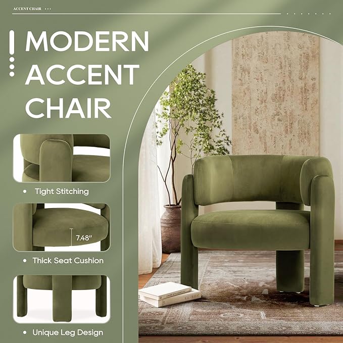 COLAMY Modern Accent Chair, Velvet Accent Chairs, Upholstered Barrel Chairs with Solid Wood Legs, Comfy Side Chair for Living Room, Bedroom, Reading, Cozy Reading Chair,Green