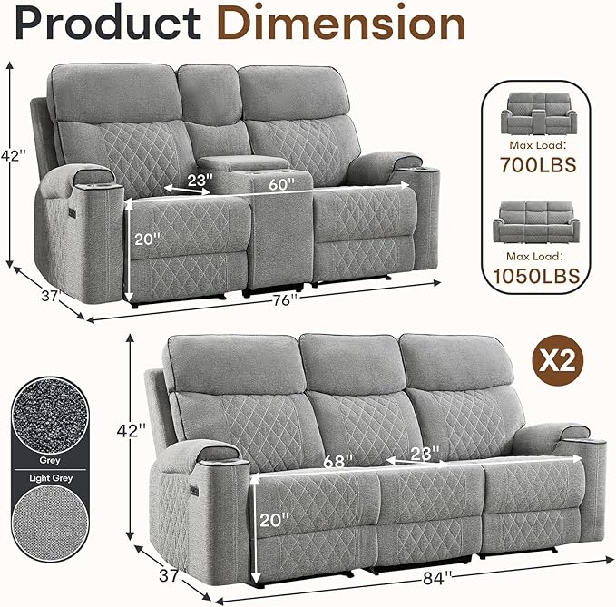 HAOMARKETS 3-Piece Power Recliner Sofa Set with Charging Port, Include 2-Seater Loveseat Reclining Couch with Hidden Storage and Cup Holders and 2 3-Seater Recliner Couches for Living Room, Light Grey