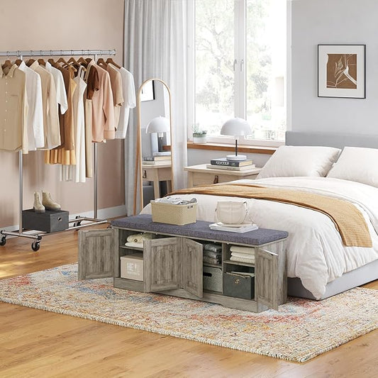 DINZI LVJ Shoe Bench, Entryway Storage Bench with Doors, Cushion, 2-Tier Shoe Rack with 8-Cubby, 47.2”L x 13.8”W Shoe Organizer Cabinet, Adjustable Shelf, Living Room, Bedroom, Gray Wash