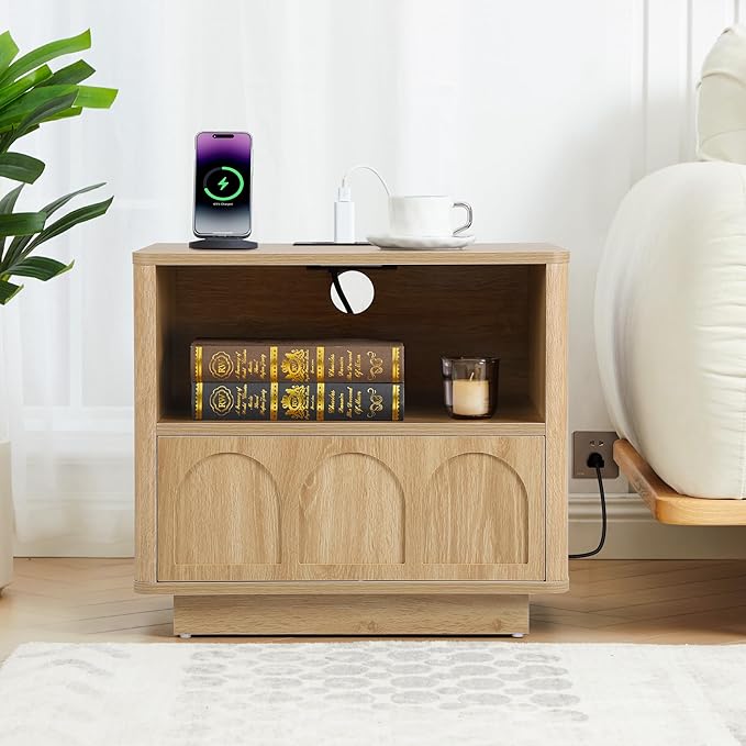 Small Nightstand with Charging Station, Accent Bedside Nightstand with Drawer, Mid Century Modern Bedroom Side Bed Table with Storage for Dorm, Living Room, Couch Sofa Chair, Office - Natural