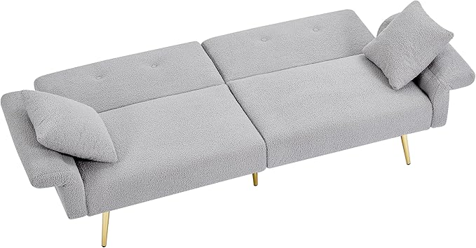 Eafurn Teddy Futon Sofa Bed Modern Folding Futon Set Convertible Recliner Lounge Sleeper Couch with Adjustable Armrest and Backrest for Living Room Apartment | Golden Legs, Wood Frame, Side Pockets