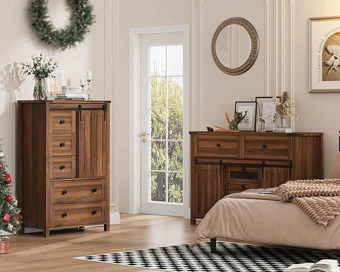 GarveeHome Farmhouse 5 Drawer Dresser for Bedroom, 48" Tall Wood Dressers Chest of Drawer with Sliding Barn Door, Adjustable Shelf, Storage Organizer for Bedroom, Hallway, Living Room, Kitchen, Walnut