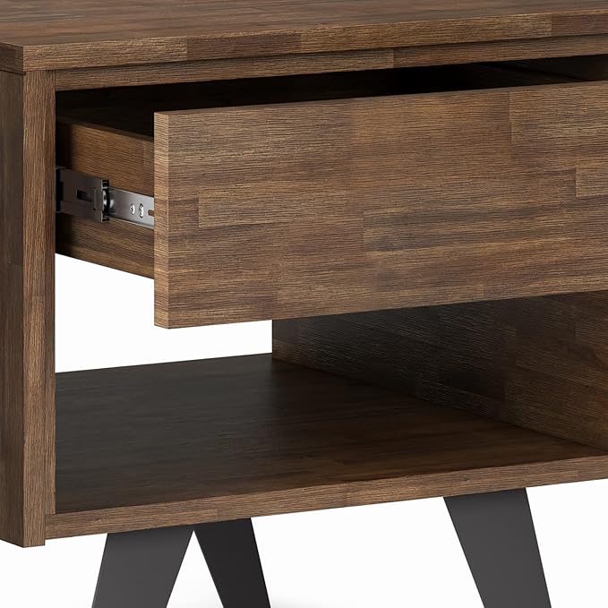 SIMPLIHOME Lowry End Table - 22 inch Wide Solid Acacia Wood Square Accent Table with Drawer and Open Shelf in Rustic Natural Aged Brown, Modern Industrial Lamp Stand with Angled Legs for Living Room