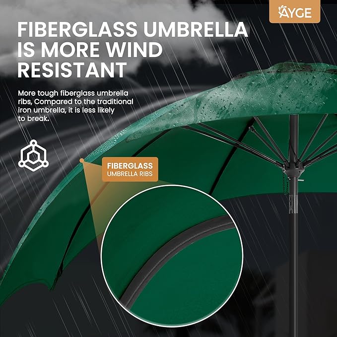 Ayge 7.5FT Large Outdoor Patio Umbrella Market Table Umbrella-UV Resistant, Easy Push Button Tilt and Crank, 6 Sturdy Fiberglass Ribs Heavy-Duty Pool Umbrella for Deck, Backyard,Garden, Yard,Green