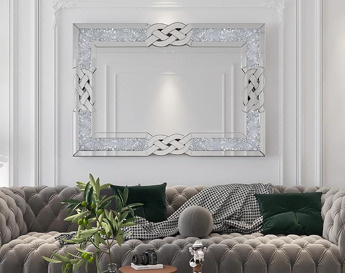 Crushed Diamond Mirror Silver Vanity Rectangular Wall Decor 40x28 inch