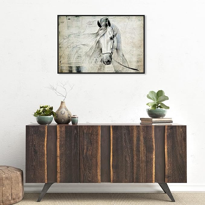 Country Farmhouse Canvas Print Painting Animal Wall Art 'Southern White Horse' Black Framed Canvas Rustic Home Décor 30x20 in Gray, Brown by Oliver Gal