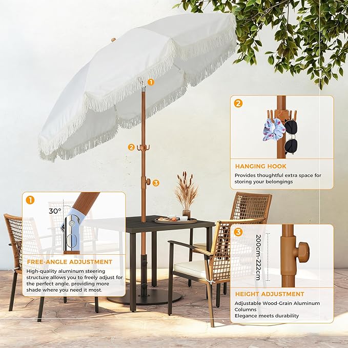 HOMEDEMO Boho Patio Umbrella with Fringe, Outdoor Tassel Umbrella with UPF50+ Sun Protection and Push Button Tilt, Premium Aluminum Pole & Fiberglass Ribs, Includes Hanging Hook