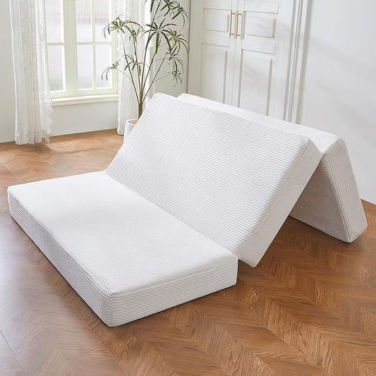 BYBYME Tri-Folding Corduroy Mattress, 6 Inches Gel Folding Mattress Topper, Foldable Soft Guest Bed Camping Pad, Washable Cover (Beige, Full)