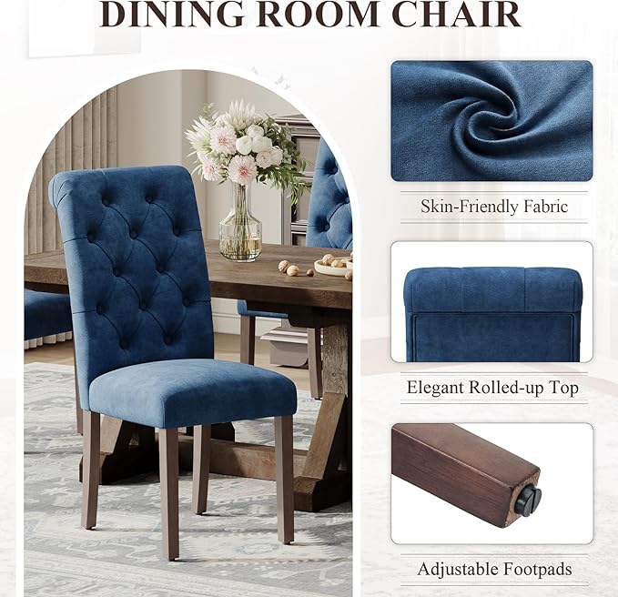Upholstered Tufted Dining Room Chairs Set of 6, Parsons Kitchen Chairs with Padded Seat and Solid Wood Legs, Fabric Accent Side Diner Chair for Dining Room/Kitchen/Living Room, Blue
