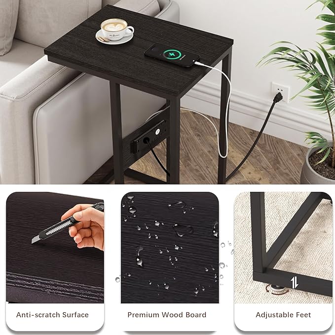 VECELO C-Shaped End Side Table with Charging Station & 2 USB Ports and Outlets for Living Room, Bedroom, with Adjustable Feet for Couch Sofa, Bedside, Small Spaces， Black