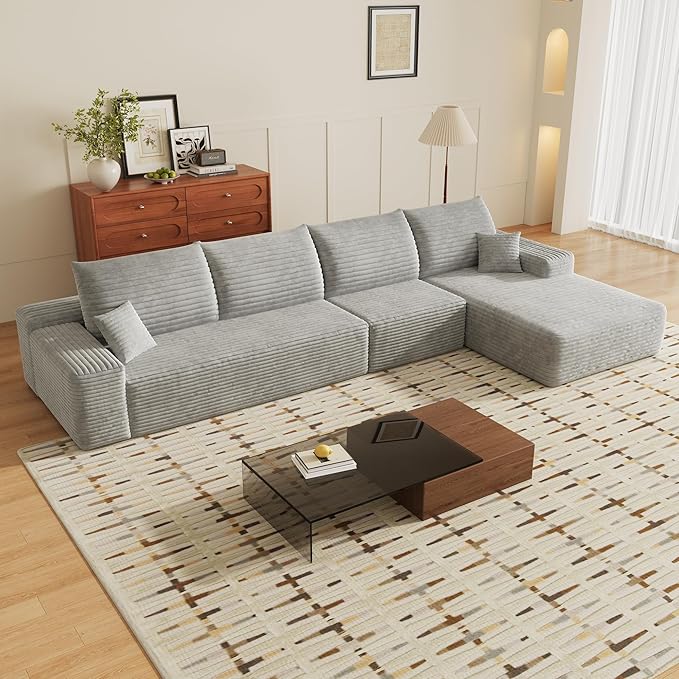 135" Corduroy Couch Sectional with Chaise, L Shape Boneless Cloud Couches for Living Room Bedroom, Fluffy Deep Seat Compression Sofa, Modular Corner Couch No Assembly, Right Facing Chaise, Grey
