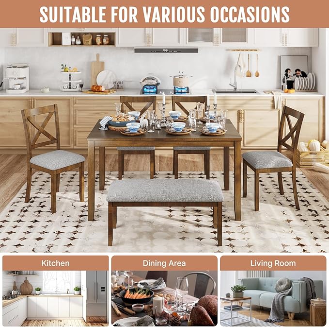 6-Piece Wooden Dining Table Set, Dining Table Set for 6, Including 1 Dining Table, 4 Upholstered Chairs and 1 Bench, Wooden Legs Dining Table, Table Set for Dining Room & Kitchen, Walnut