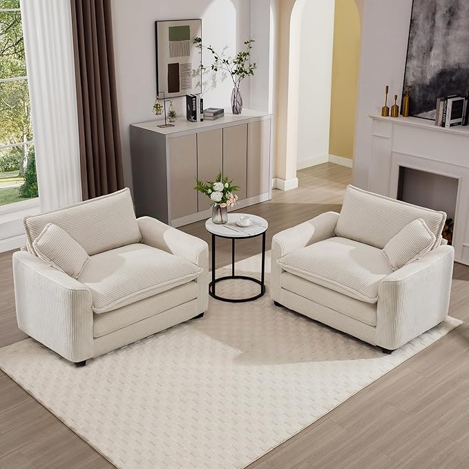 KEIKI 2-Piece Sofa Set with 2 Oversized Corduroy Single Sofa, Upholstered Modern 2-Seater Lounge Accent Chair Set with 2 Pillow, High-Density Foam Cushions, Removable Armrests, for Living Room, Beige