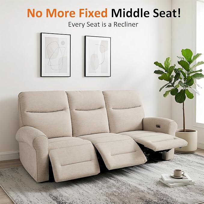MCombo 87.8" Wall Hugger Power Reclining Sofa, 3-Seat Triple Recliner Couch with USB Ports, Rolled Arm Space Saving Recliner Sofa for Living Rooms Apartments RV, Fabric PR635M5 (Beige) | 1.4" Wall Clearance