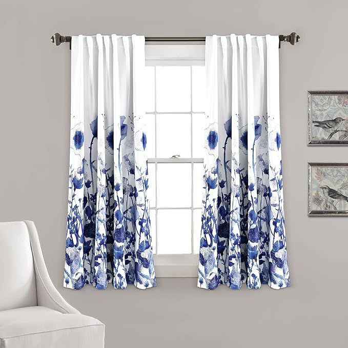 Lush Decor Zuri Flora Light Filtering Window Curtain Panel Pair, 63" Long x 52" Wide, Navy