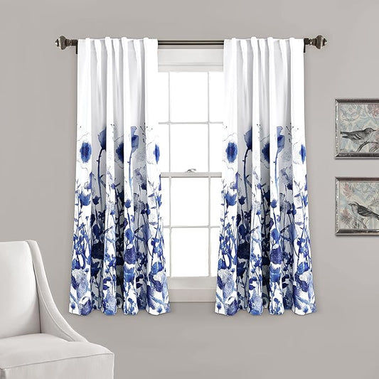Lush Decor Zuri Flora Light Filtering Window Curtain Panel Pair, 63" Long x 52" Wide, Navy
