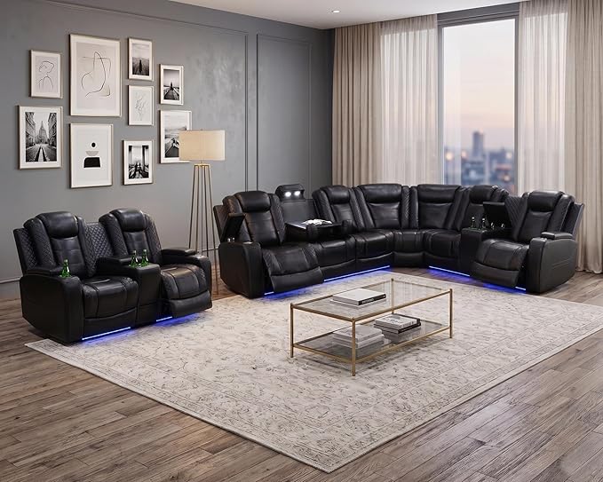 Power Recliner Sectional Sofa with LED, Breathing Leather Reclining Sectional Couch, L Shaped Couch with Dual Recliners, USB Port, Cup Holder&Storage (Black Pro, Sectional+Loveseat(8 Seats))
