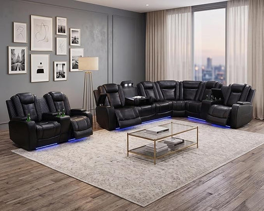 Power Recliner Sectional Sofa with LED, Breathing Leather Reclining Sectional Couch, L Shaped Couch with Dual Recliners, USB Port, Cup Holder&Storage (Black Pro, Sectional+Loveseat(8 Seats))