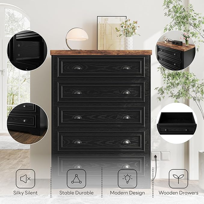 LIKIMIO 43" Tall 5 Drawers Dresser for Bedroom, Power Strip, Farmhouse Large Wood Dressers & Chest of Drawers with Wide Storage Cabinet, Black